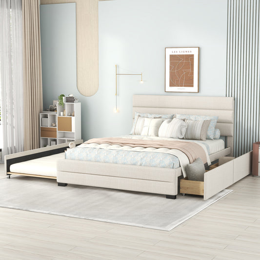 Queen Upholstered Platform Bed with Twin Size Trundle and Two Drawers  Beige