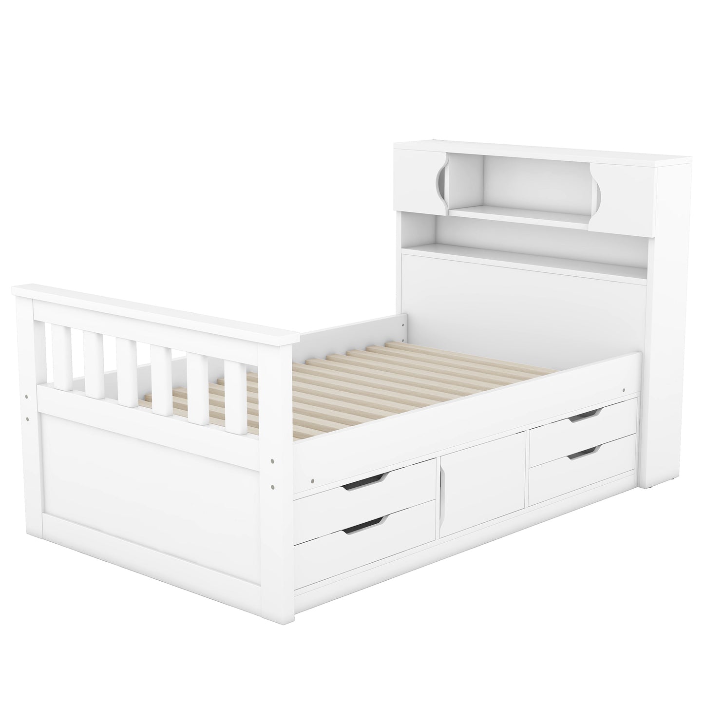 Twin Size Captain Platform Bed Frame with Storage Bookcases and Shelves,Four Drawers,White