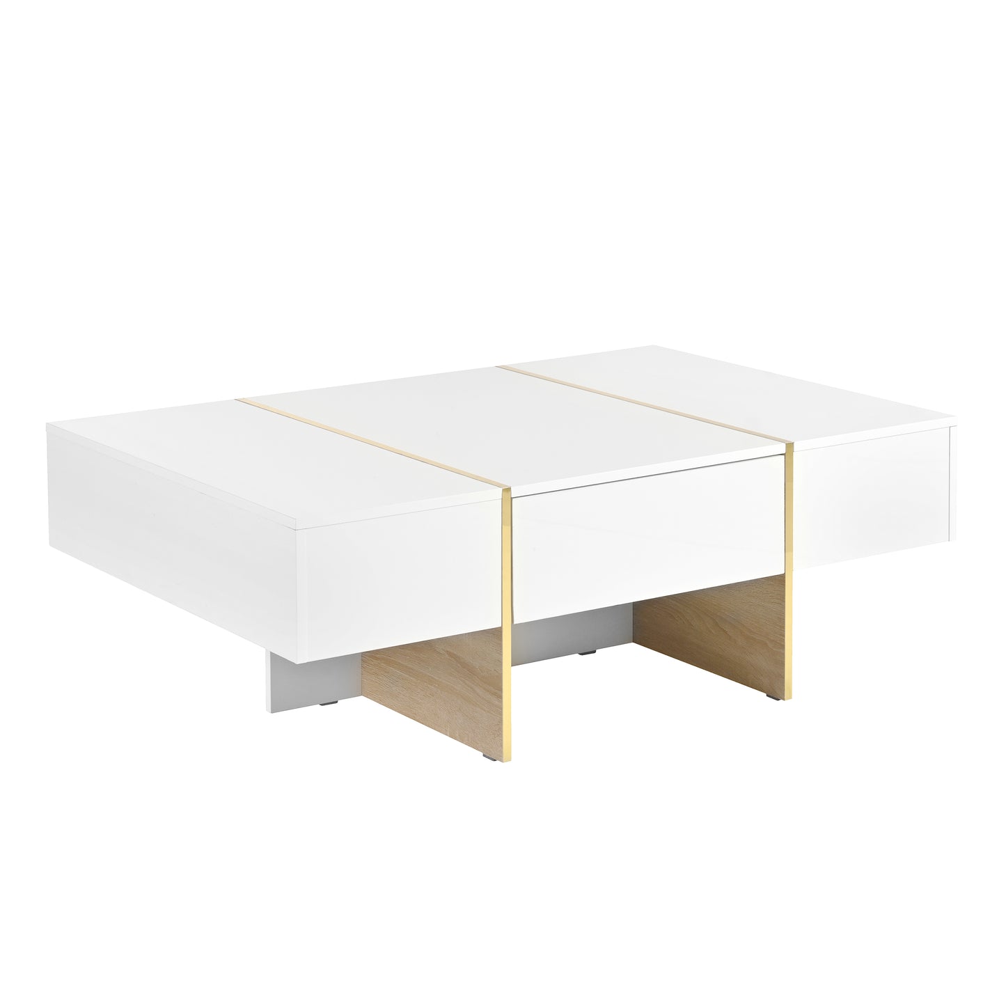 ON-TRANS 47.2 inch x 31.4 inch multifunctional rectangular sofa table with 2 drawers and gold wood grain leg center table, white