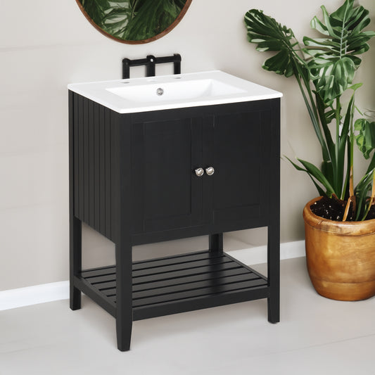 Black Modern Sleek Bathroom Vanity Elegant Ceramic Sink with Solid Wood Frame Open Style Shelf