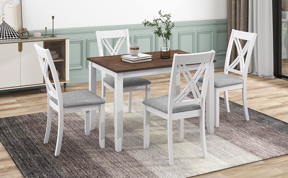 Juego de mesa de comedor de madera rústica minimalista de 5 piezas TOPMAX con 4 sillas con respaldo en X, acabado blanco