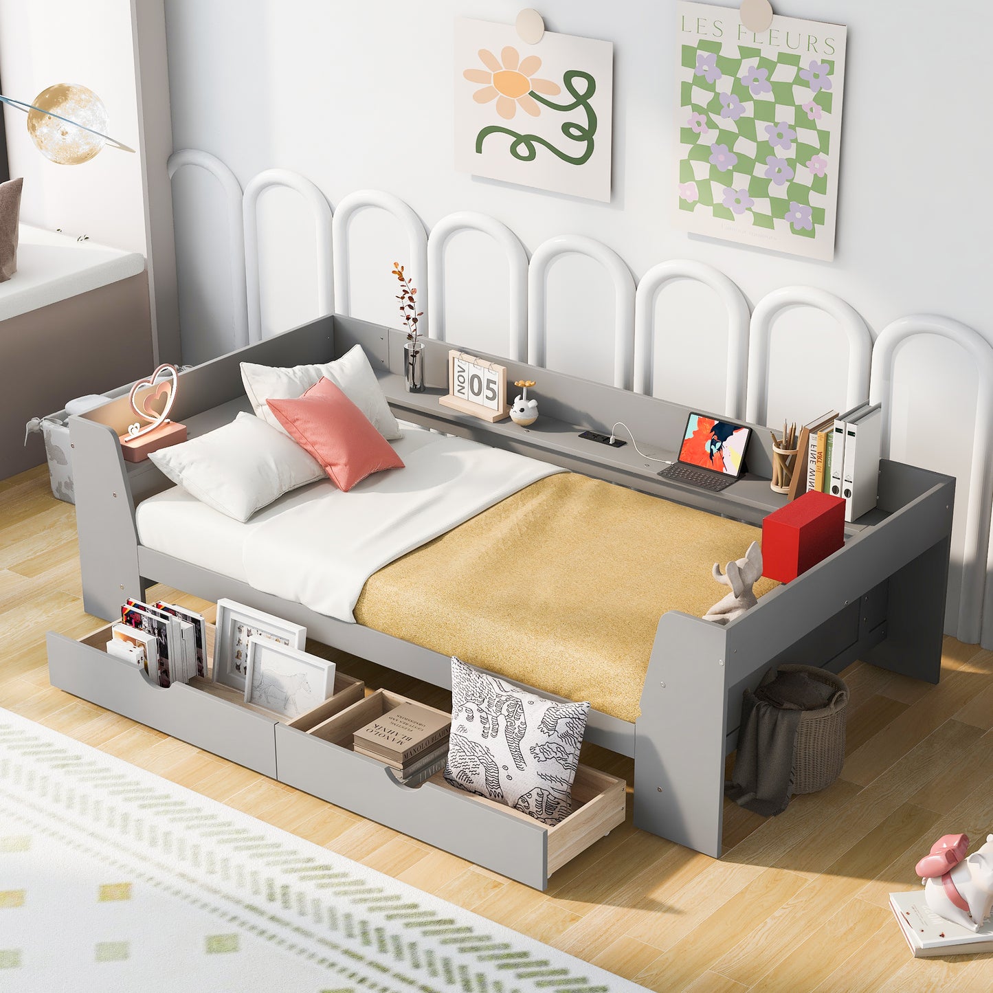 Twin Size Daybed with Shelves, Drawers and Built-In Charging Station, Gray