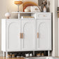 ON-TRANS Elegant Shoe Cabinet with Arched Doors and Drawers, Storage Side Panels, Adjustable Shelves and Solid Wood Legs, White