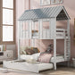 House Bunk Bed with Trundle,Roof and Windows White