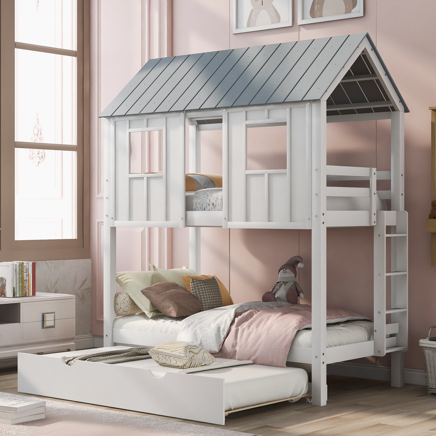 House Bunk Bed with Trundle,Roof and Windows White