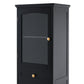 Tall Bathroom Storage Cabinet with Glass Doors, Free-Standing, Two Drawers, and Adjustable Shelves, MDF Board, Painted Black