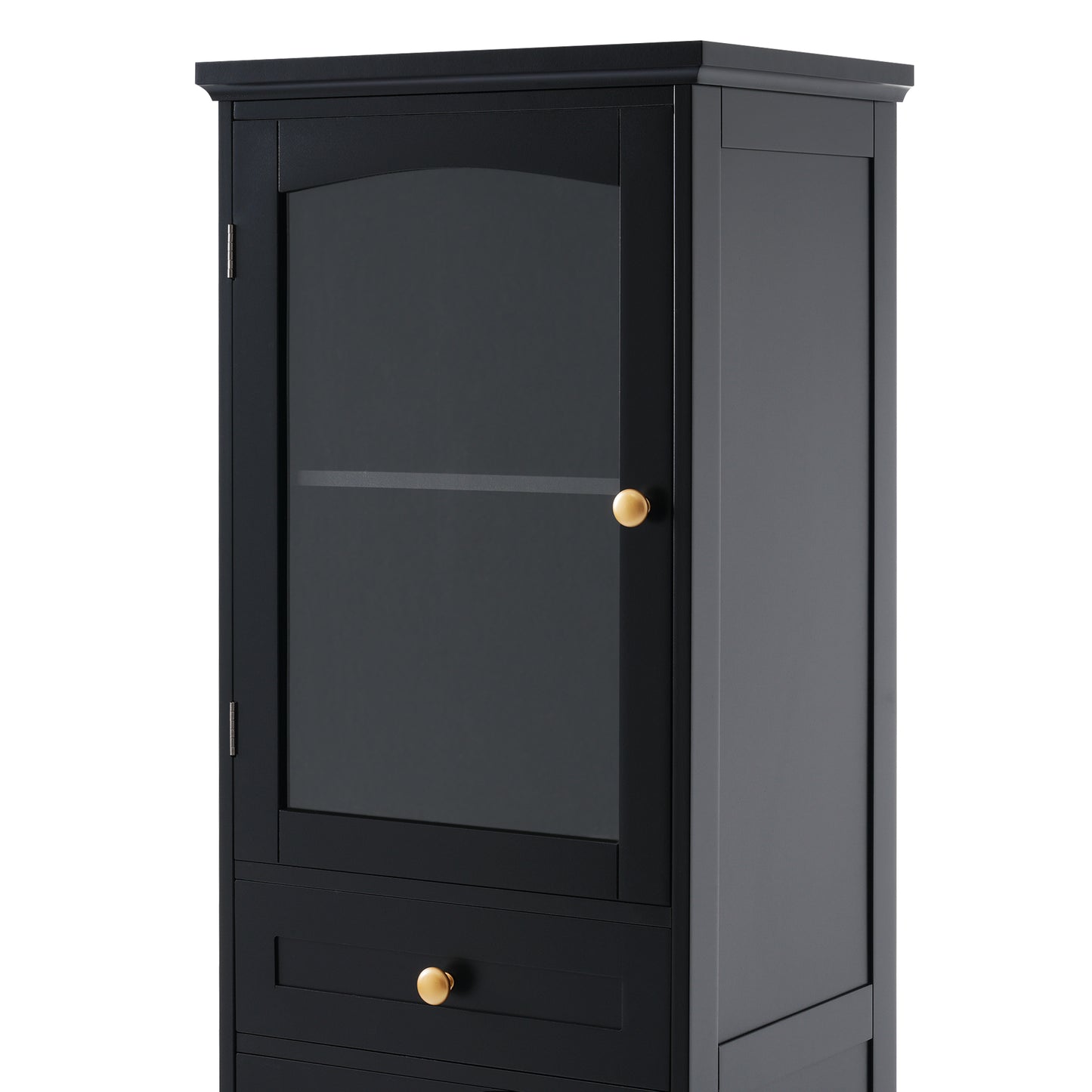 Tall Bathroom Storage Cabinet with Glass Doors, Free-Standing, Two Drawers, and Adjustable Shelves, MDF Board, Painted Black