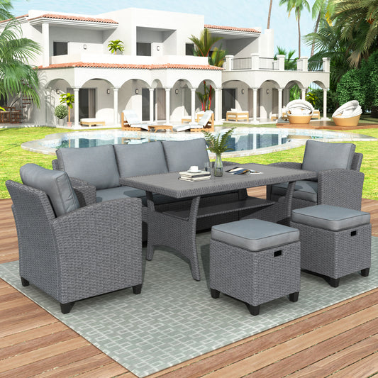 TOPMAX 6-Piece Outdoor Rattan Wicker Set, Includes Chairs, Stool, and Table in Gray Rattan with Gray Mat