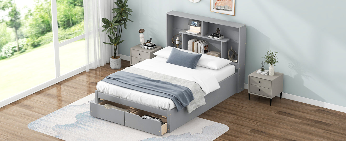 Full Size Platform Bed with Storage Headboard and 2 Drawers, Gray