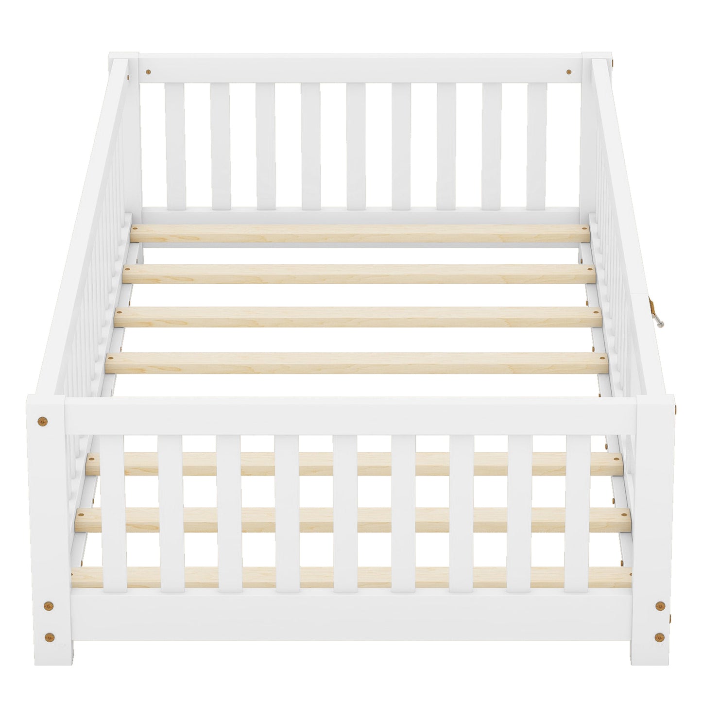 Cama de piso tamaño twin con barandillas de seguridad y puerta, perfecta para habitaciones de niños, color blanco