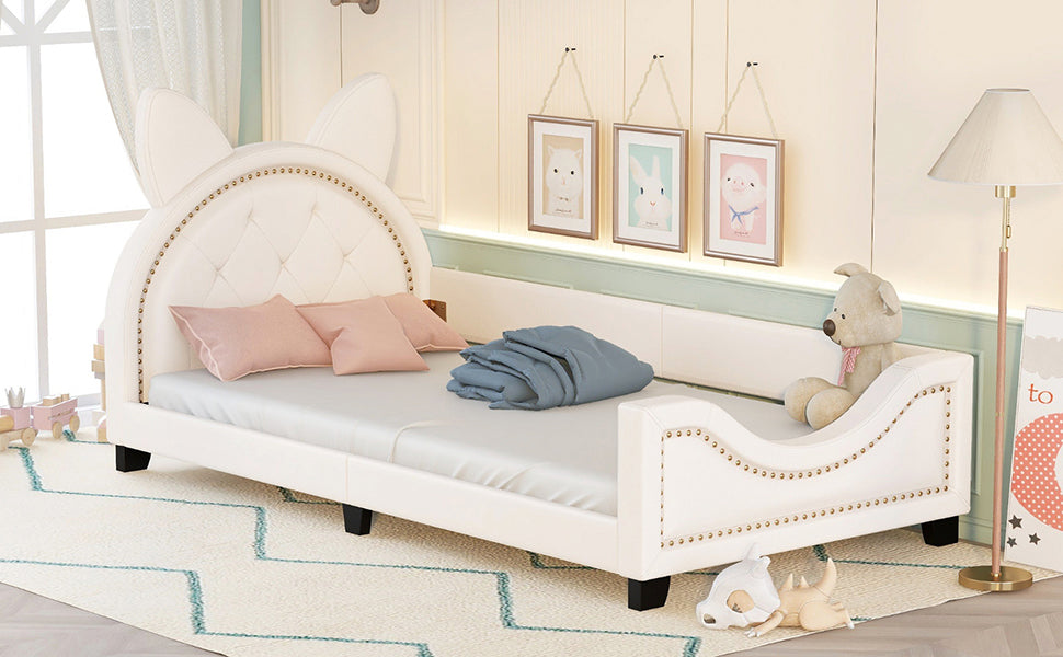 Twin Size Upholstered Daybed with Carton Ears Shaped Headboard  White