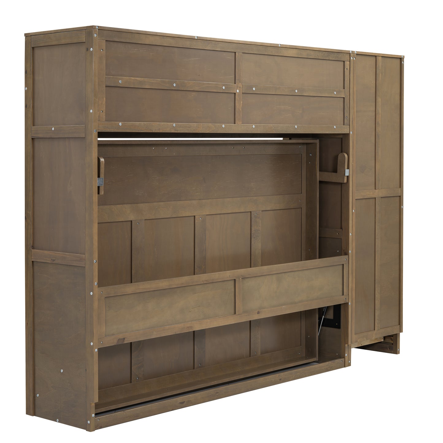 Full Size Murphy Bed with Wardrobe, Drawers, and Open Shelves, Antique Grey Finish for Functional Bedrooms