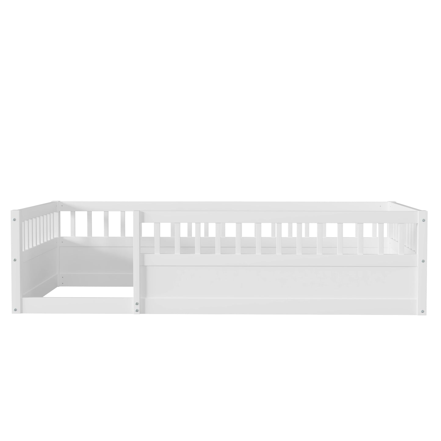 Twin Floor Bed Frame with Fence, Wood Kids Floor Beds Frame for Bedroom Playroom,White