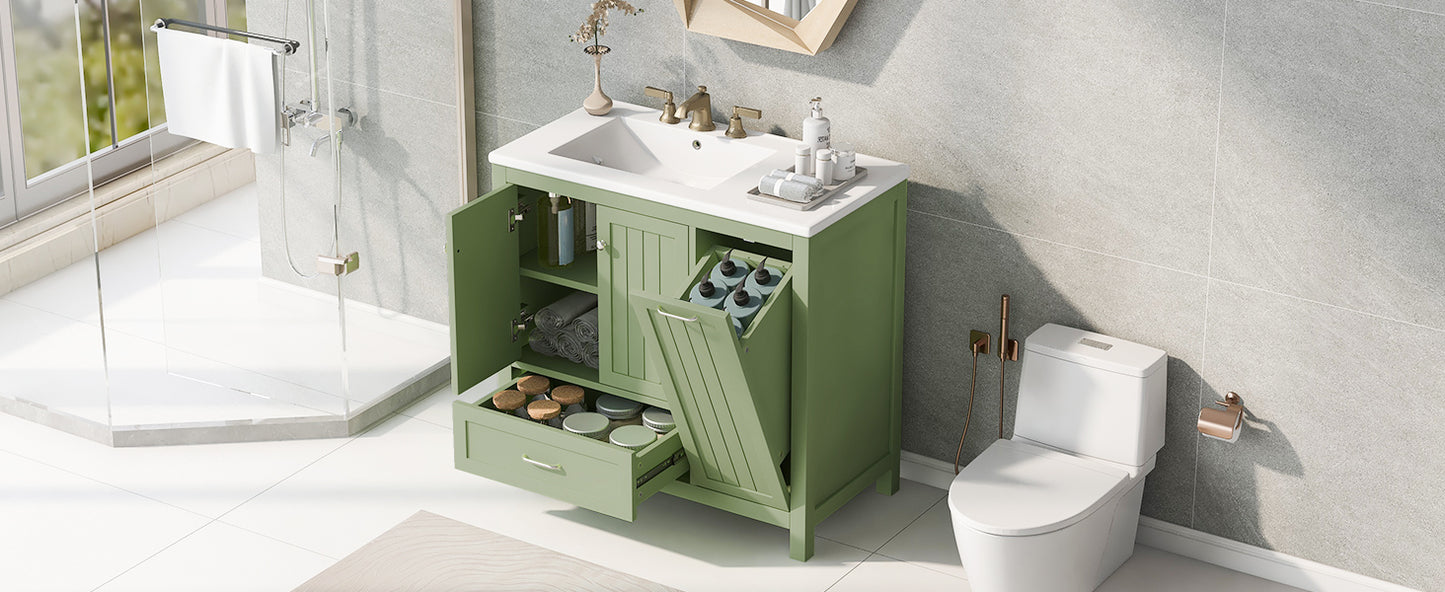 36" Bathroom Vanity with Sink, Double Door Cabinet, Large Drawer, and Flip Drawer, Green Finish