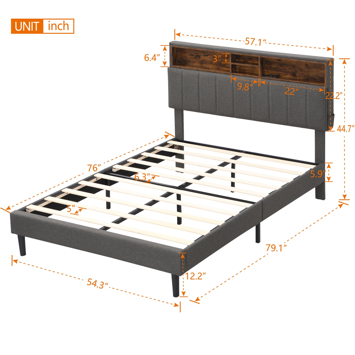 Cama de plataforma tapizada de tamaño completo con cabecera de almacenamiento y puerto USB, tela de lino en color gris