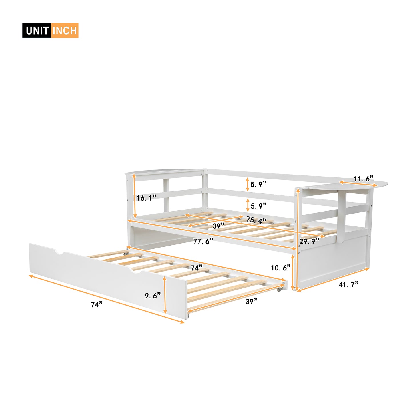 win Size Daybed with Trundle and Foldable Shelves on Both Sides White