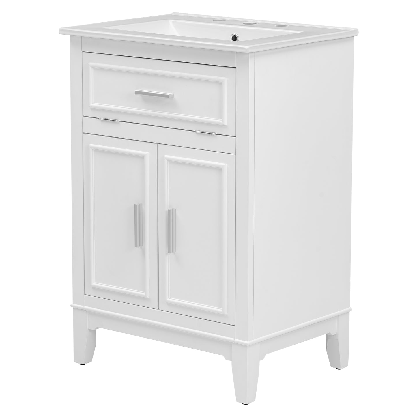 24" Bathroom Vanity with Sink, Solid Wood and MDF Cabinet with One Flip Drawer and Doors, White