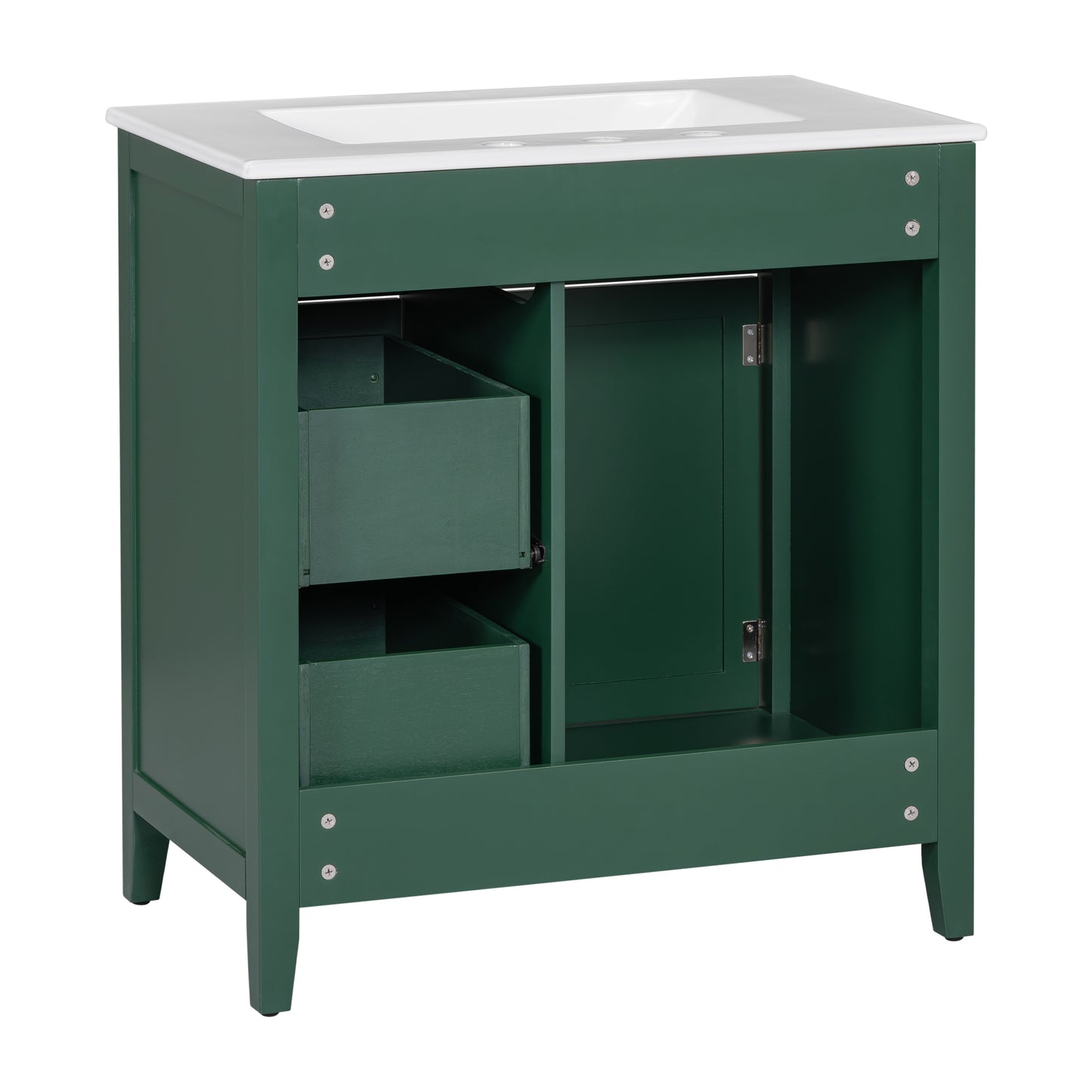 Mueble de baño de 30" con encimera de lavabo, armario de madera maciza con puerta y dos cajones, color verde