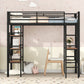 Twin Size Metal Loft Bed with Shelves and Desk, Black