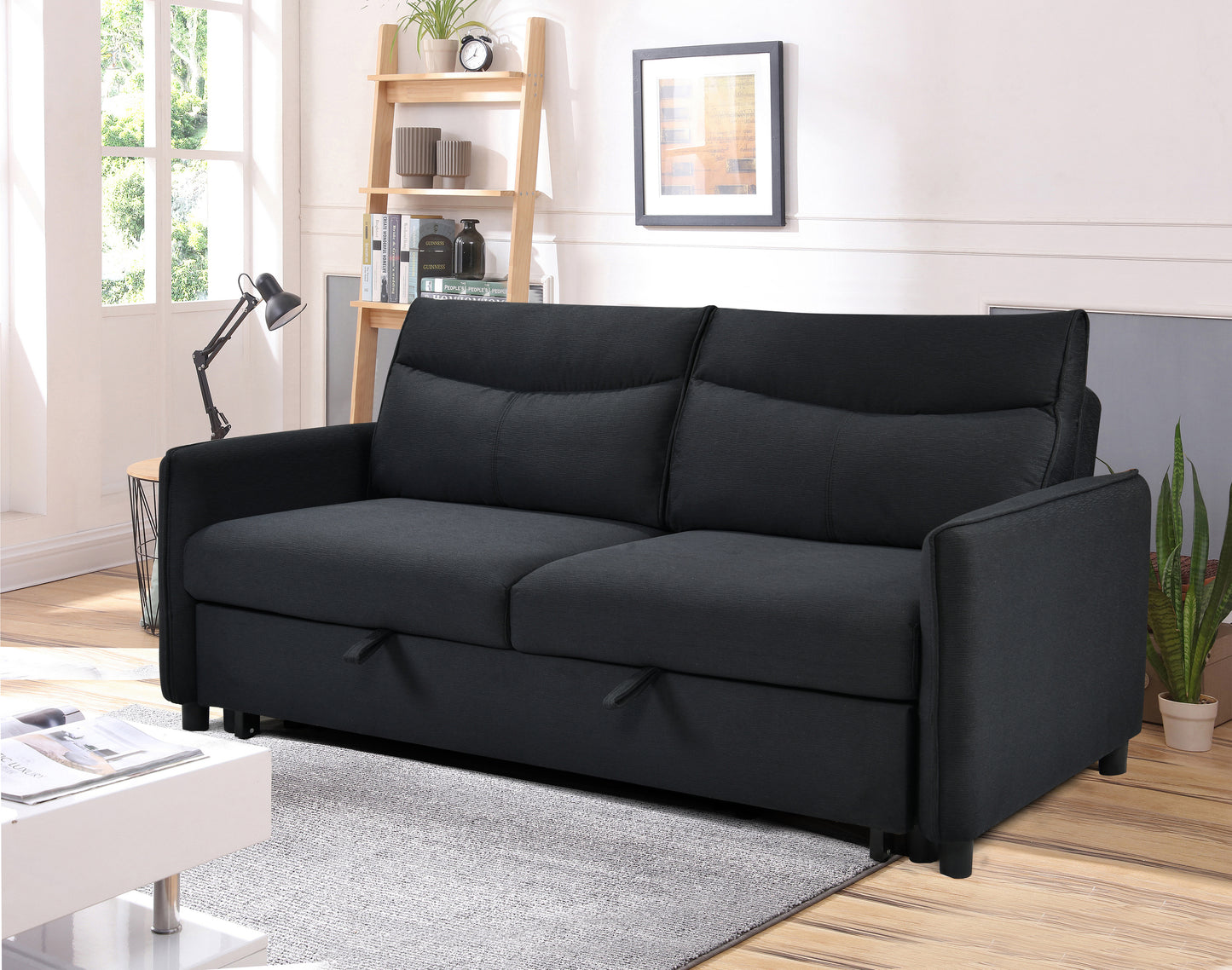 Sofá cama convertible 3 en 1, moderno sofá de dos plazas de tela con cama extraíble, perfecto para espacios pequeños, color negro