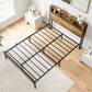 Full Size Bed Frame with Storage Headboard Metal Platform Bed with Charging Station Black