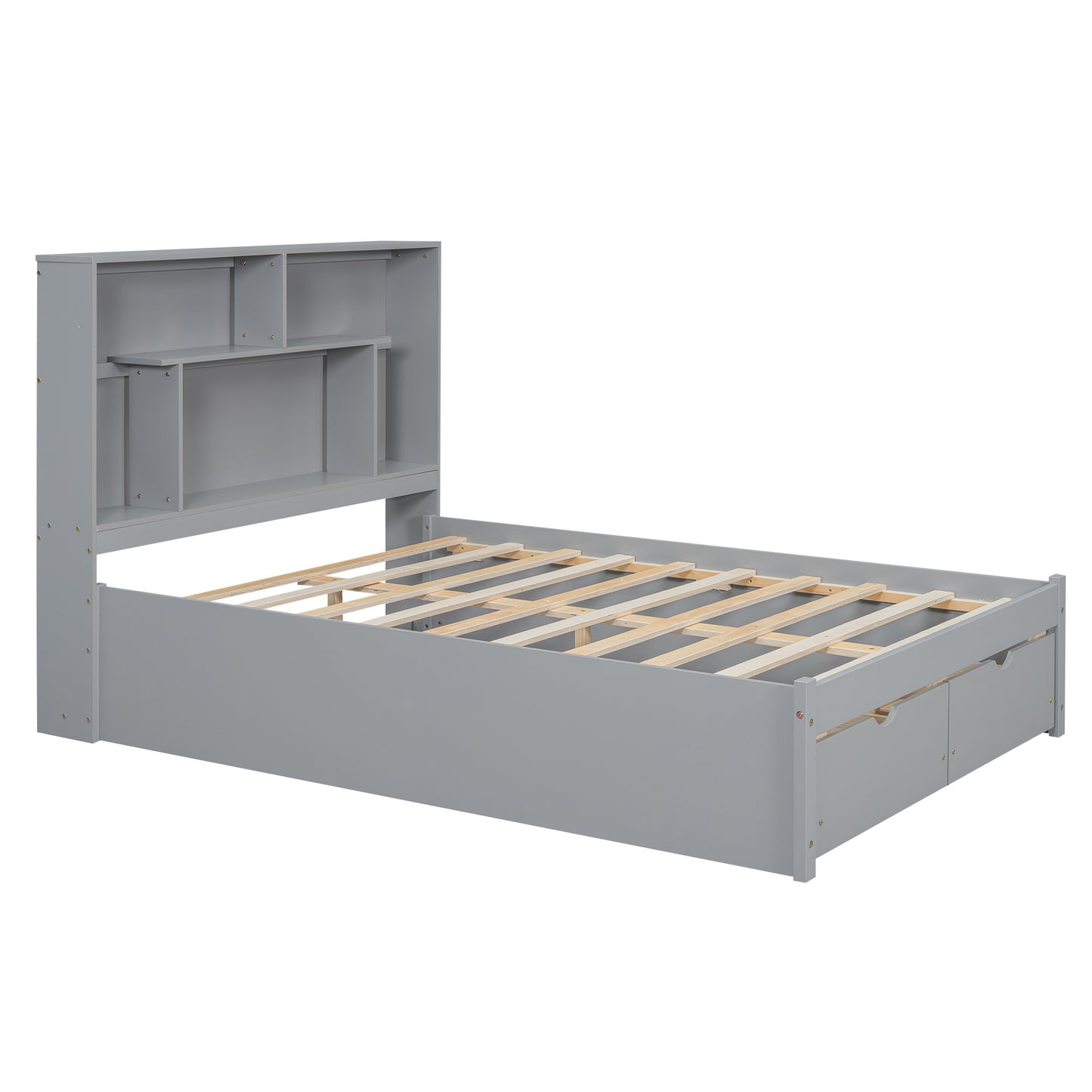 Full Size Platform Bed with Storage Headboard and 2 Drawers, Gray