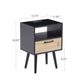 Rattan End table with Power Outlet & USB Ports Modern nightstand with drawer and solid wood legs black