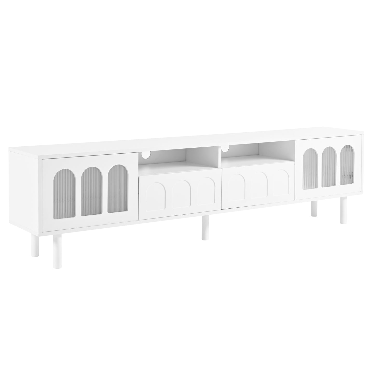 ON-TRANS Cream TV Stand with LED Light Strip, Tempered Glass Door for 80-Inch TVs, White Finish