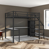 Twin XL loft bed with L-shaped desk and USB, metal loft bed with wardrobe and adjustable shelf, LED loft bed, black