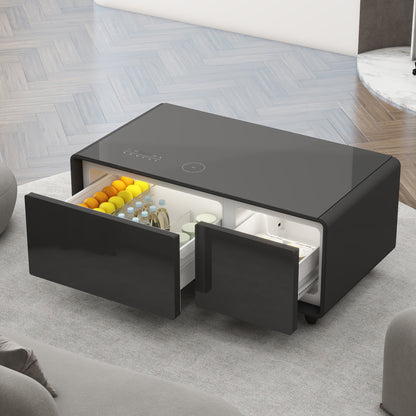 Mesa de centro inteligente moderna con refrigerador incorporado, altavoz Bluetooth, carga inalámbrica y panel de control táctil, color negro