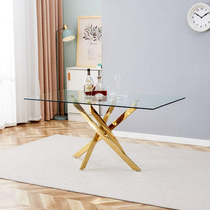 Tempered Clear Glass Dining Table with Golden Legs, 63-Inch Modern Design for Dining Rooms