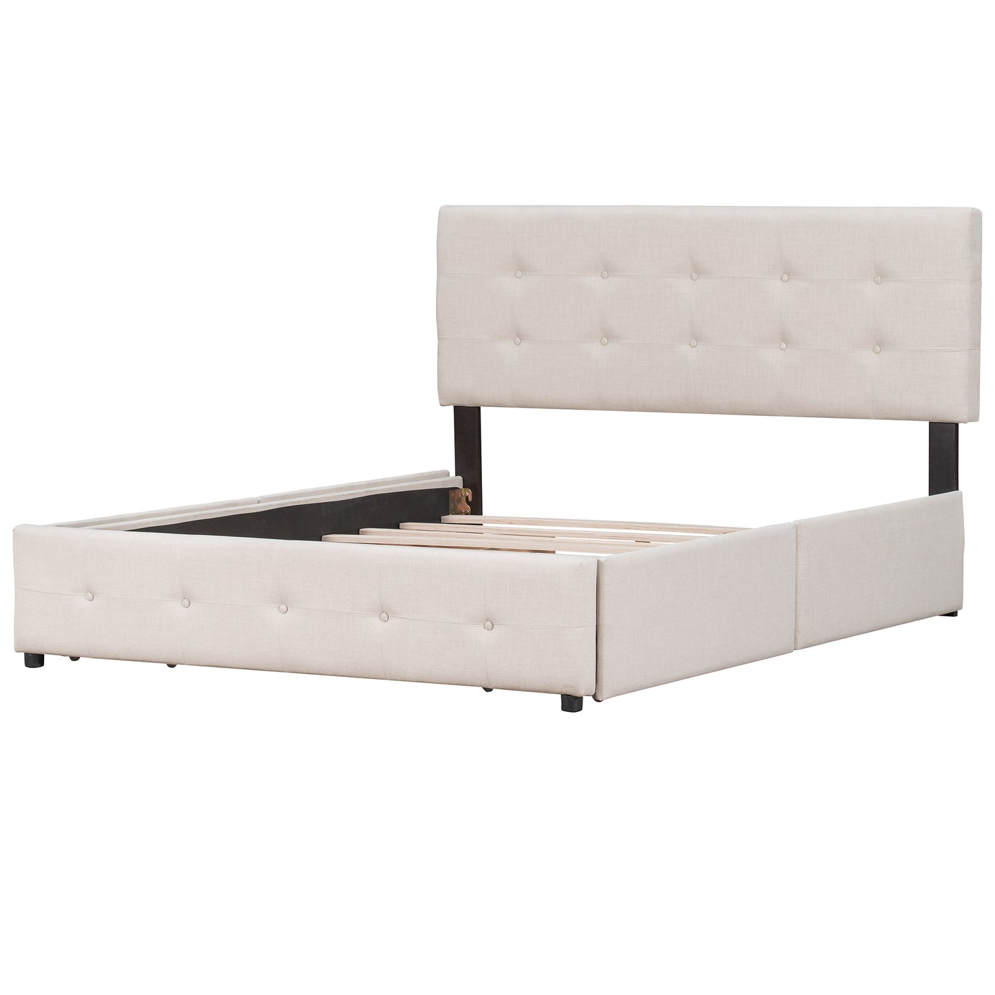 Upholstered Platform Bed with Classic Headboard and 4 Drawers No Box Spring Needed Linen Fabric Queen Size Beige