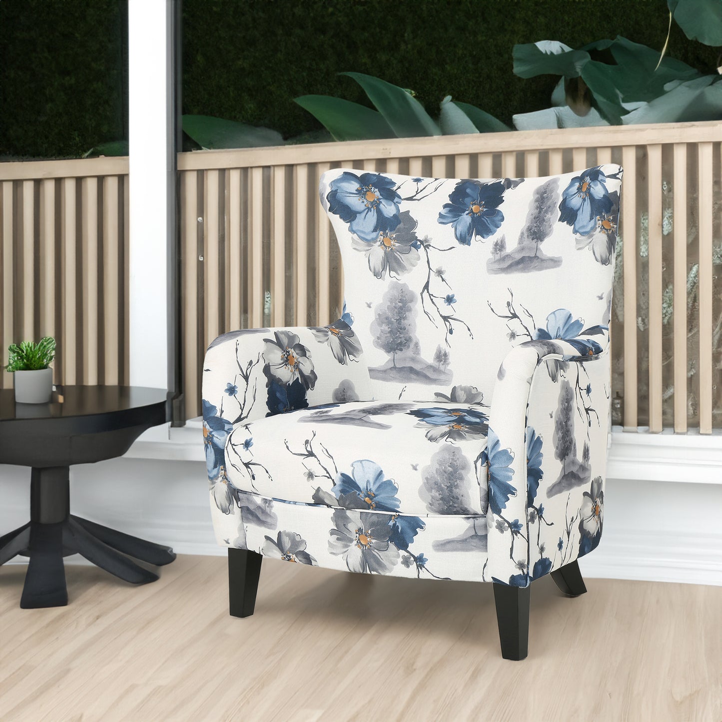 Modern Retro Printed Fabric Club Chair, White and Blue Patterned Armchair for Living Rooms