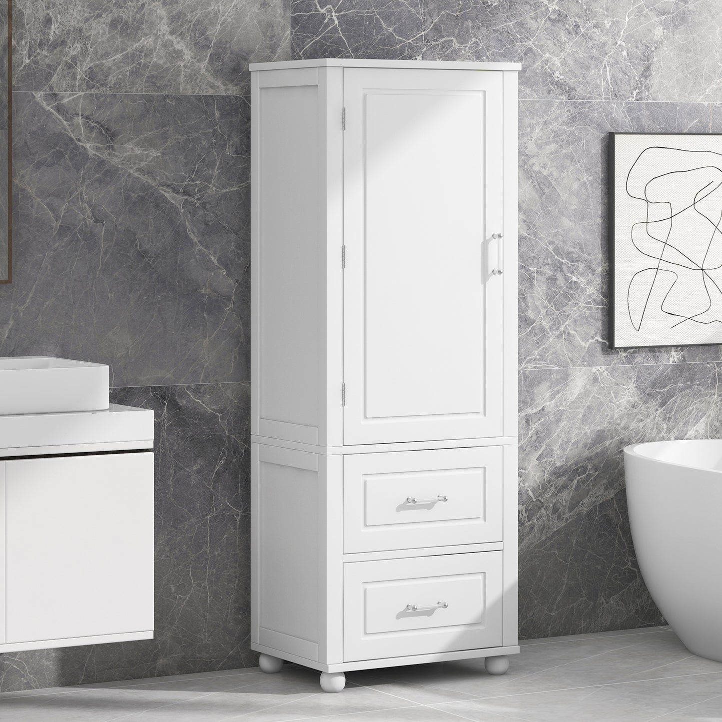 Tall Bathroom Storage Cabinet with 2 Drawers and Adjustable Shelf, White MDF Board Design