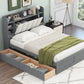 Wood Queen Size Platform Bed with Storage Headboard  Shelves and 2 Drawers  Gray