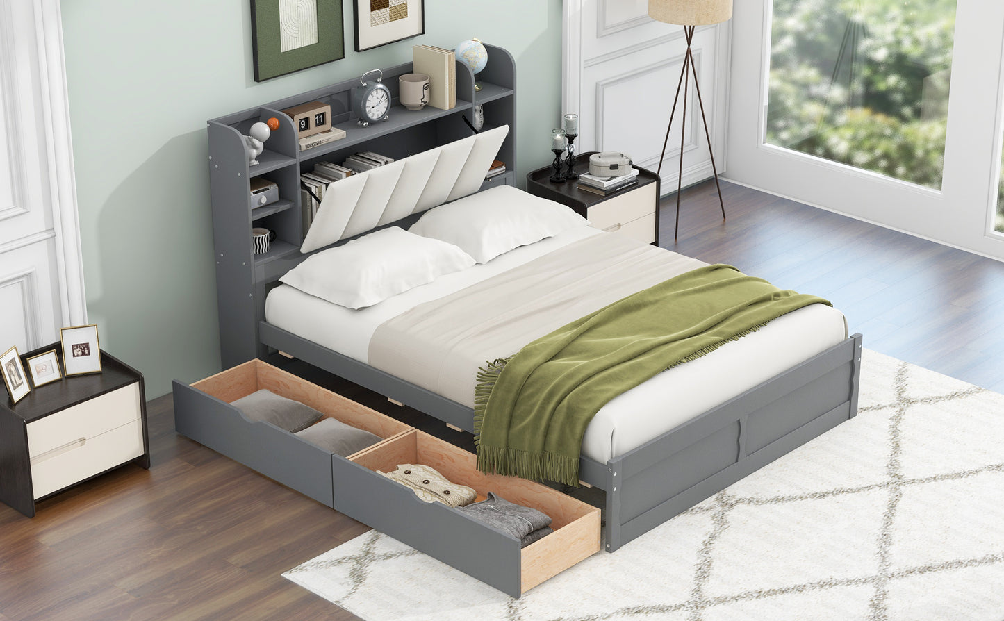 Wood Queen Size Platform Bed with Storage Headboard  Shelves and 2 Drawers  Gray