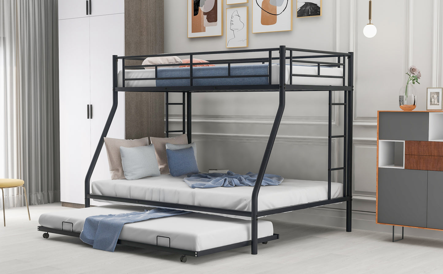 Twin over Full Bed with Sturdy Steel Frame Bunk Bed with Twin Size Trundle  Two-Side Ladders  Black