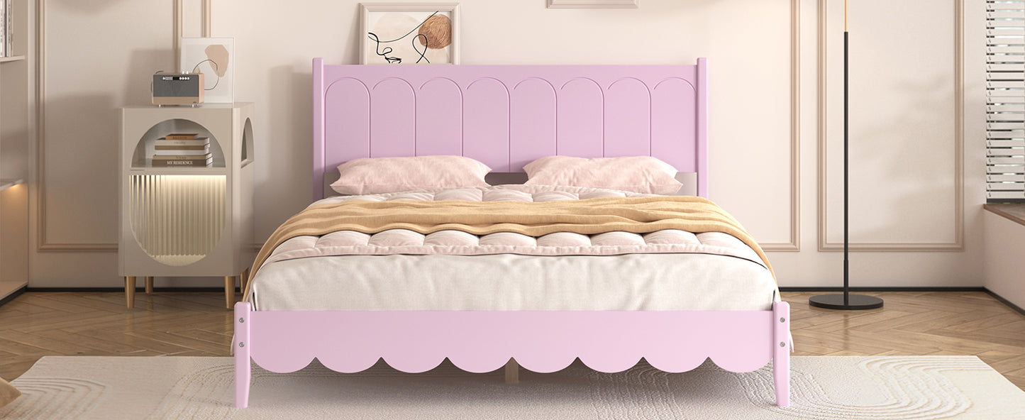 Queen Size Wood Platform Bed Frame, Retro Style Bed with Rectangular Headboard,No Need Box Spring,Pink