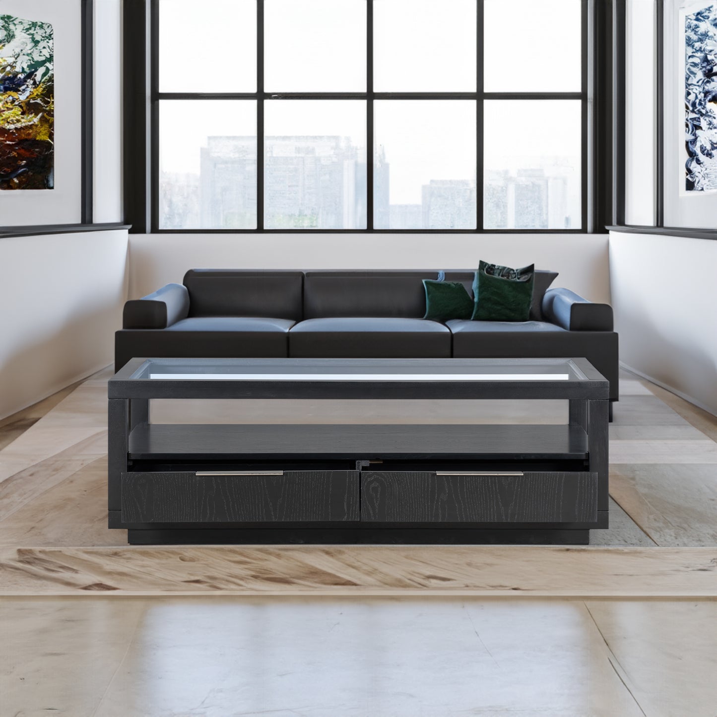 U-Can modern wooden coffee table with 2 drawers and minimalist display coffee table with transparent tempered glass