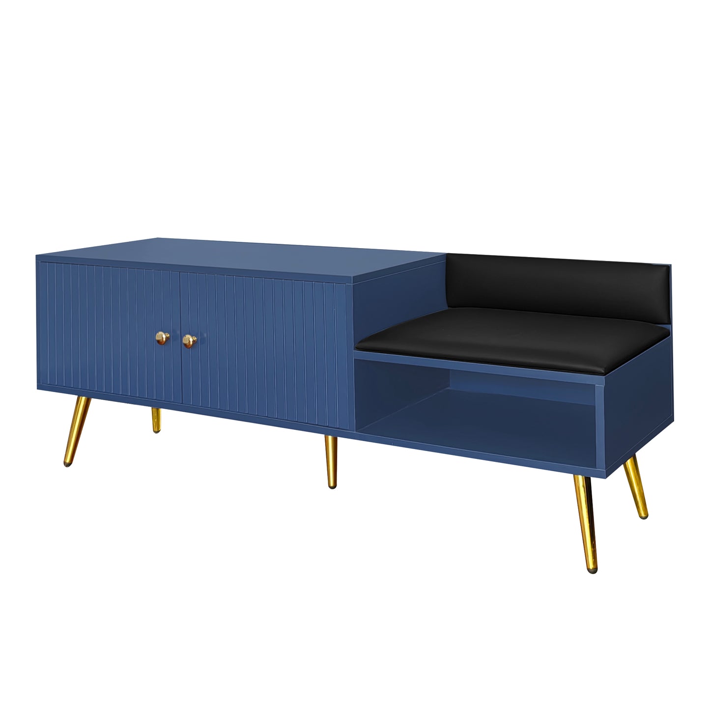 Modern Shoe Storage Bench with Hidden Storage and Upholstered Cushions, Navy Finish