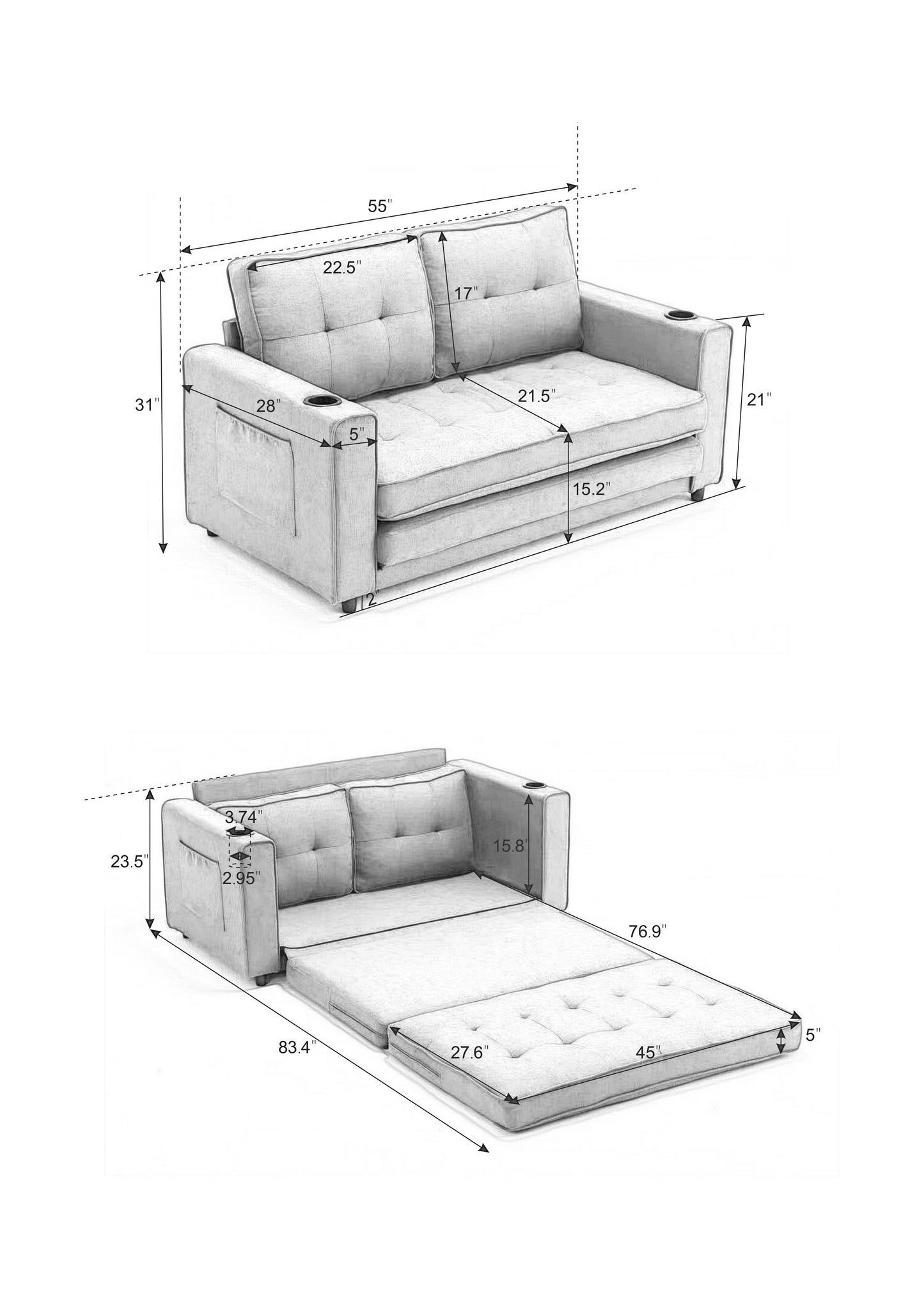 Three in one soft cushion cushion cushion sofa, folding mattress sofa bed, with side pockets and cup holder, dark gray