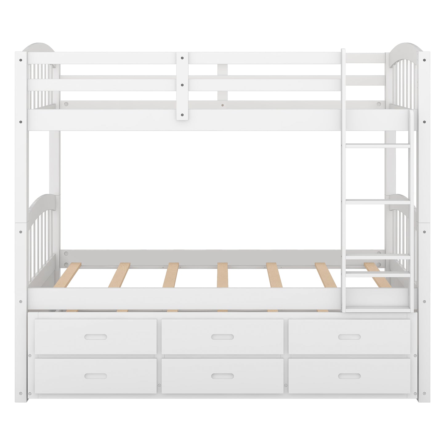 Twin over Twin Wood Bunk Bed with Trundle and Drawers White