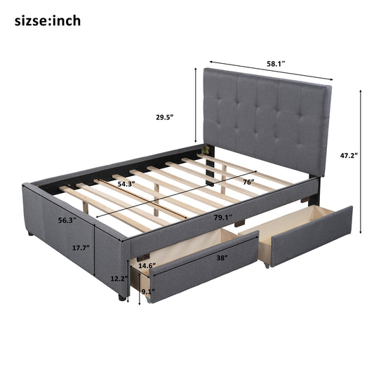 Linen Upholstered Platform Bed With Headboard and Two Drawers Full