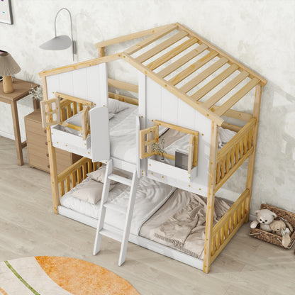 Twin over Twin House Bunk Bed with Roof , Window, Window Box, Door , with Safety Guardrails and Ladder, Natural/White