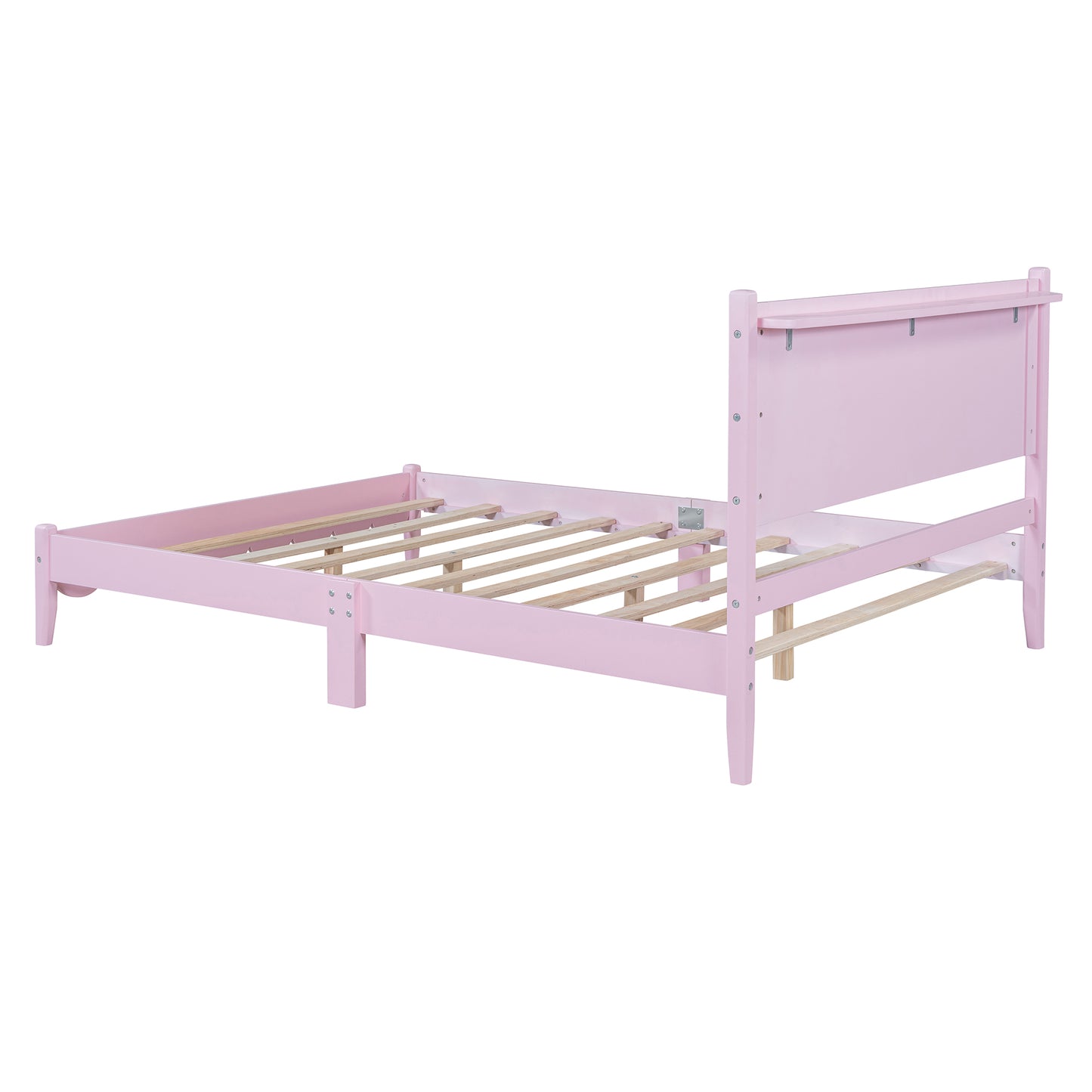 Full Size Wood Platform Bed Frame, Retro Style Bed with Rectangular Headboard,No Need Box Spring,Pink