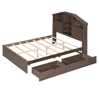 Full Platform Bed with Storage Headboard Walnut