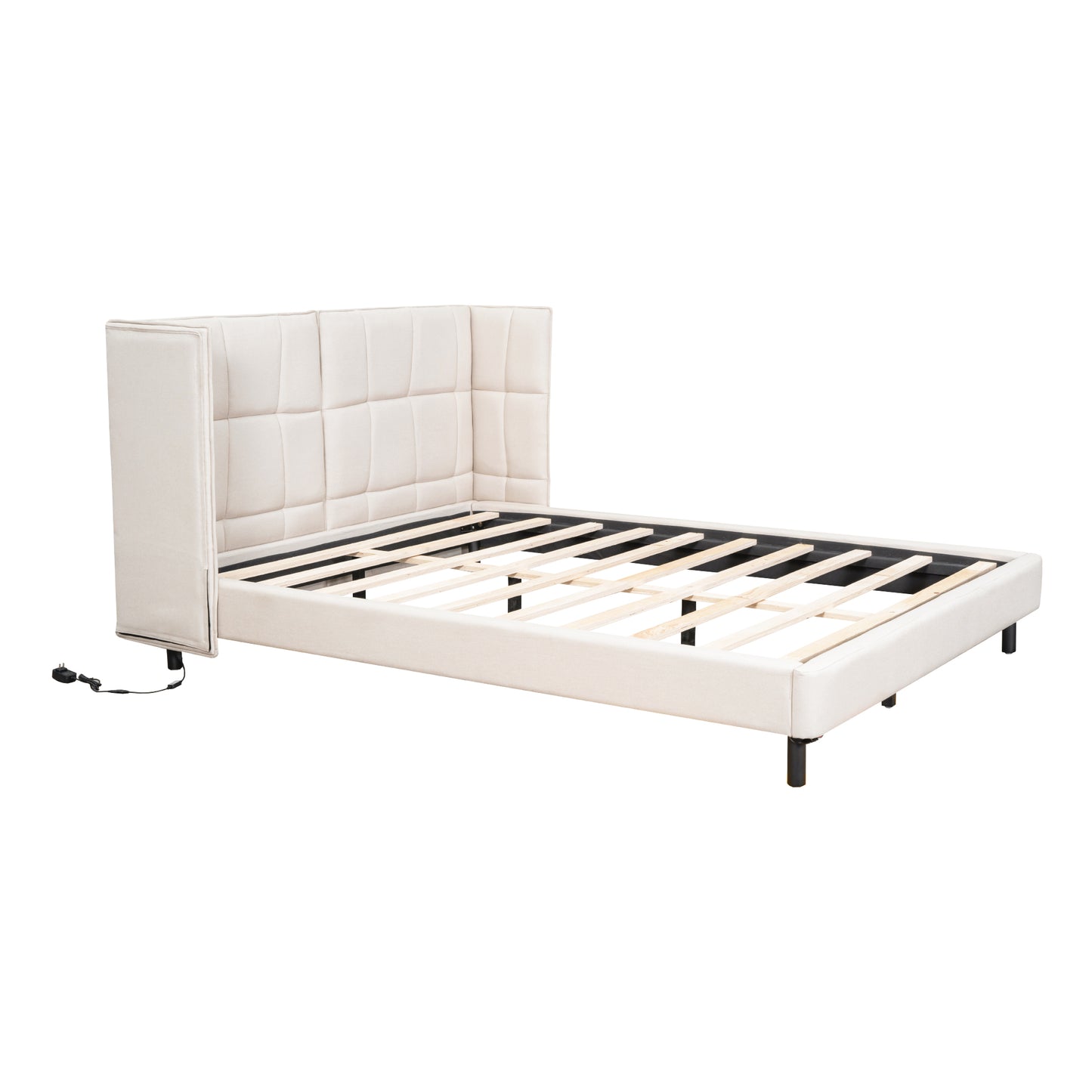 Queen Size Upholstered Platform Bed with LED Lights and U-Shaped Headboard, Linen Fabric, Beige