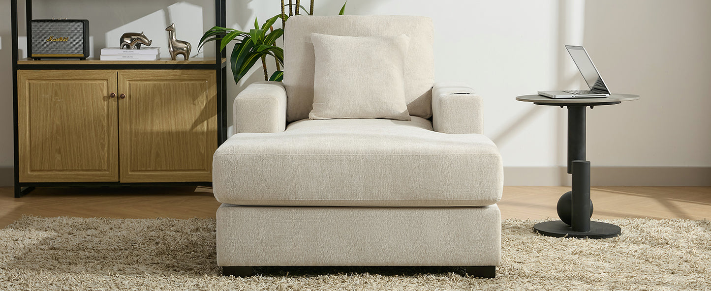 39.7" Oversized Chaise Lounger with Pillows, Charge Station, and Cup Holders, Chenille Fabric in Cream