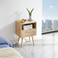 Rattan End table with Power Outlet & USB Ports Modern nightstand with drawer and solid wood legs