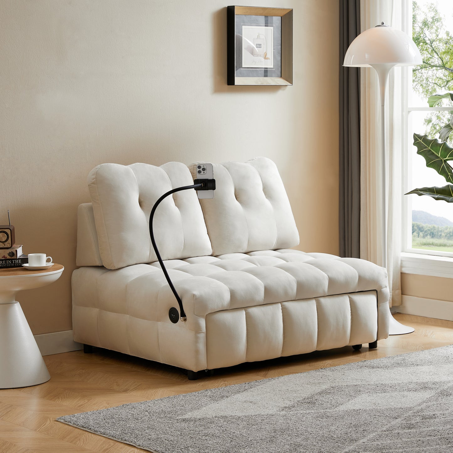 Modern Velvet Sofa Bed with Removable Backrest, USB Port, and Swivel Phone Stand, Beige